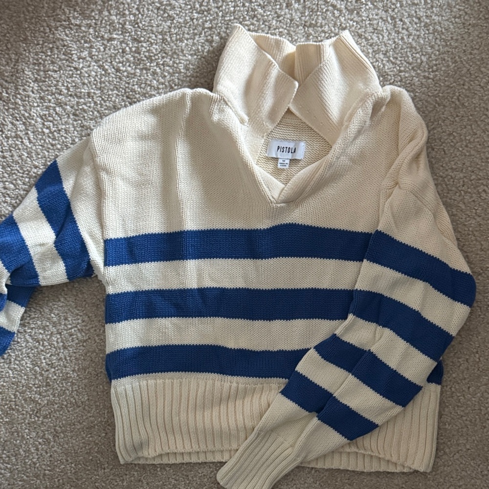 Pistola Cream and Blue Striped Turtleneck Sweater